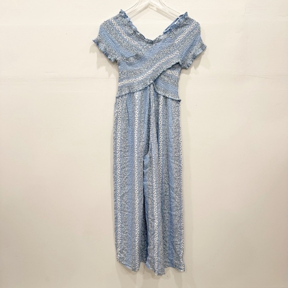 Japna Micro Floral Off The Shoulder Crossfront Wide Leg Jumpsuit Blue Small - Picture 2 of 6